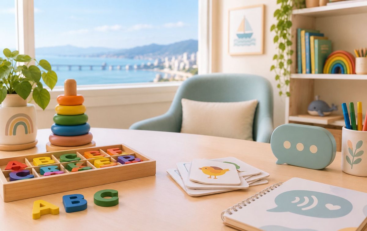 Mesa de atendimento infantil com letras coloridas de madeira, cartões ilustrados e janela com vista para o mar