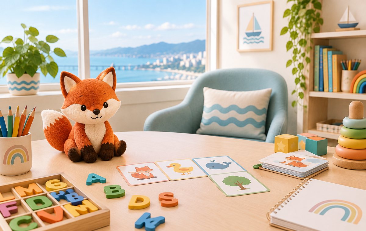 Mesa de atendimento infantil com raposa de pelúcia, cartões de animais e letras de madeira